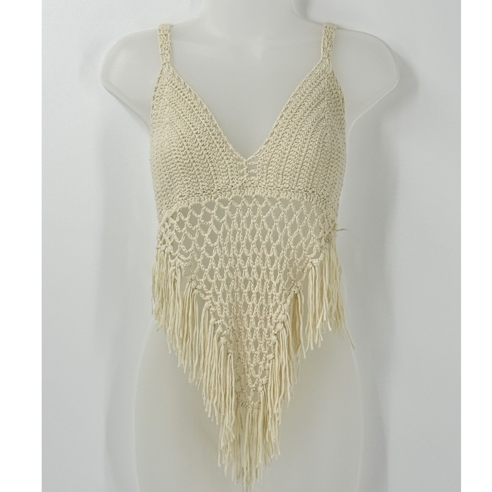 Festival Boho Womens Cream Crochet Knit Fringe Cami‎ Crop Top S Western country
